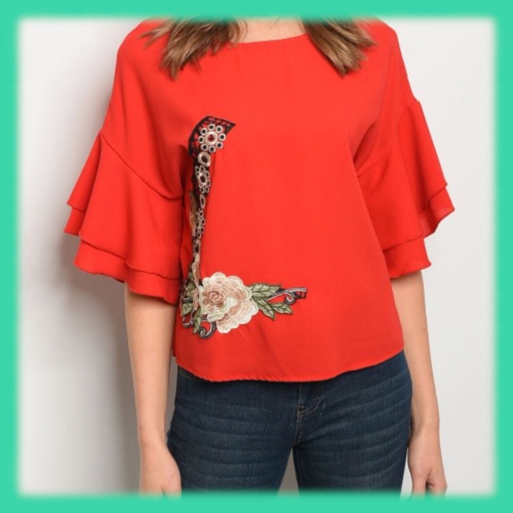 RED  ROSE FLUTTER TOP @LAST ONE - Picture 2 of 5